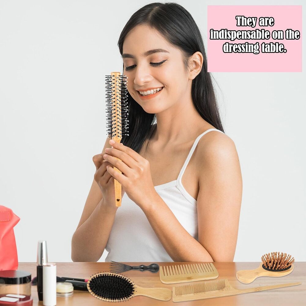 8 Pcs Bamboo Hair Brush Set Natural Wooden Brushs and Comb Kit with Paddle - Picture 6 of 7